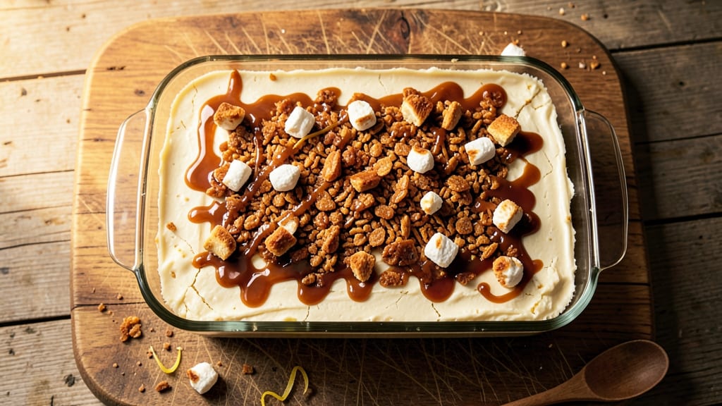 Caramel Rice Krispie Cheesecake Bars Recipe: Crunchy Top, Creamy Swirl Magic