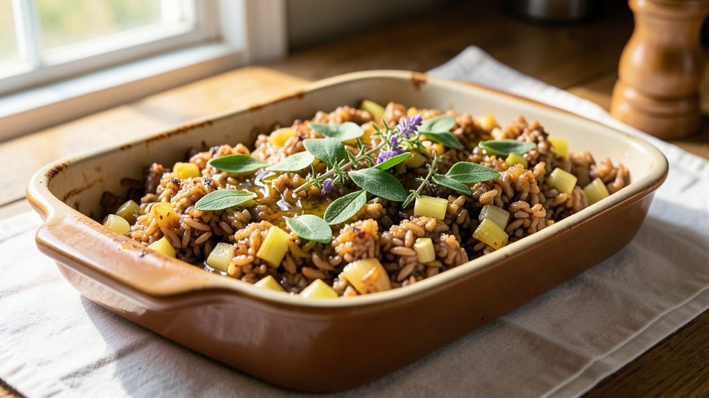 Brown Rice Stuffing Recipe: Herb-Infused Crunch Over Silky Shreds