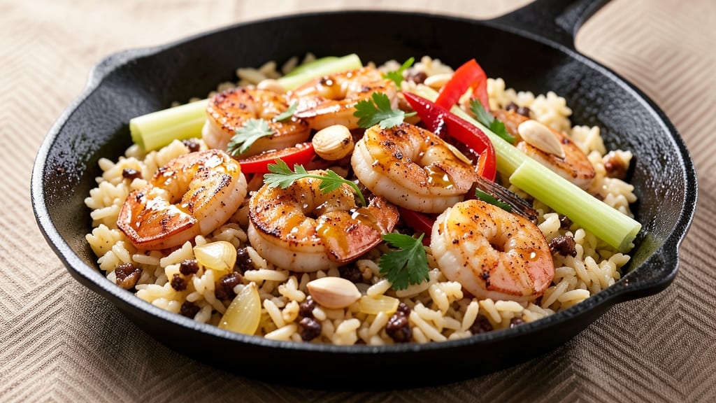 Cajun Shrimp and Dirty Rice Recipe: One-Pan Spice Bomb with Crispy Celery Crowns