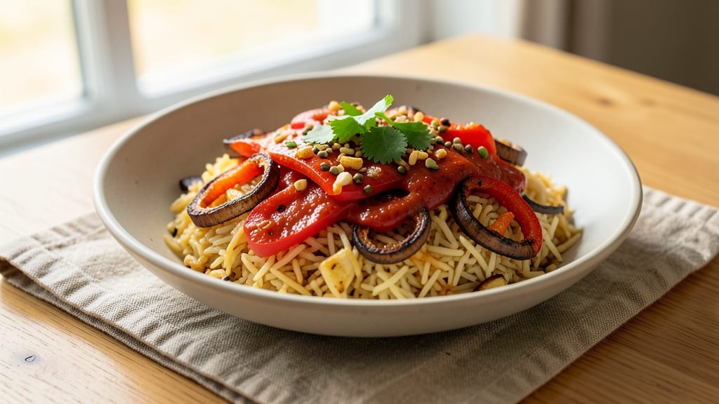 Padhuskitchen Capsicum Rice Recipe: Spiced Tomato Gravy Over Fragrant Basmati