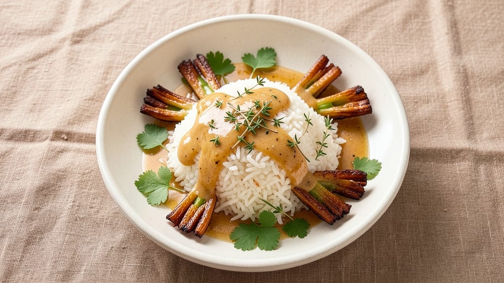 Check Rice Recipe: Crispy Celery Crown Over Savory Herb Gravy
