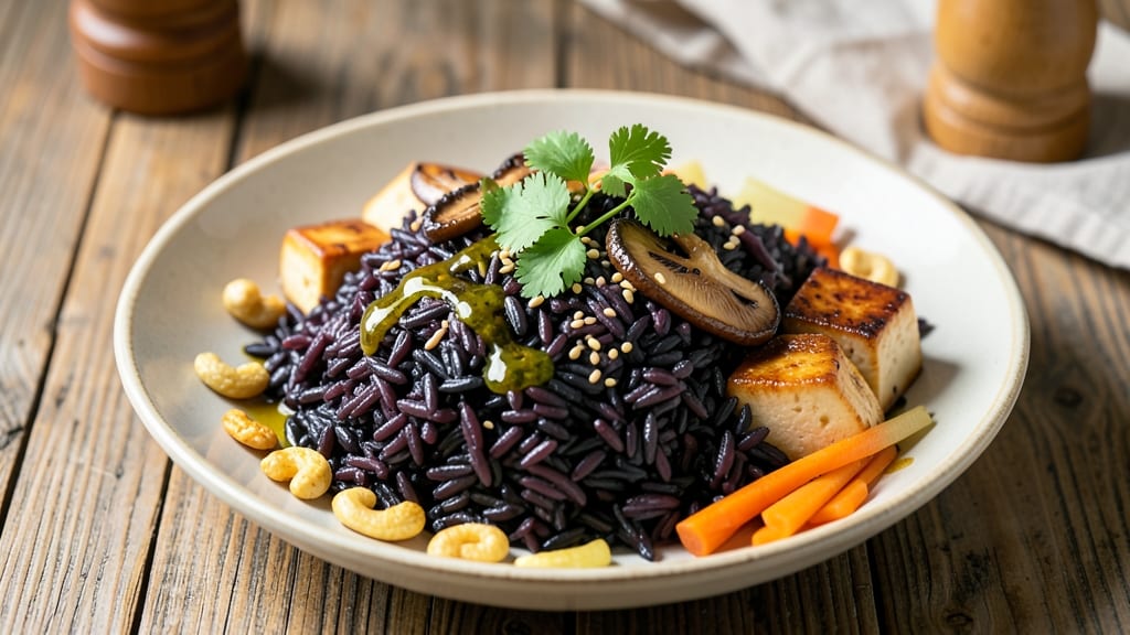 Black Rice Vegetarian Recipe: Deep Purple Swirls With Nutty Garlic Crunch