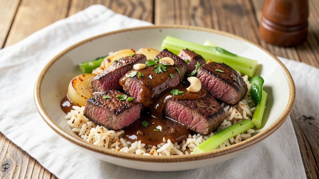 Cajun Steak, Rice, and Gravy Recipe: Smoky Herb Gravy Over Tender Steak Bites