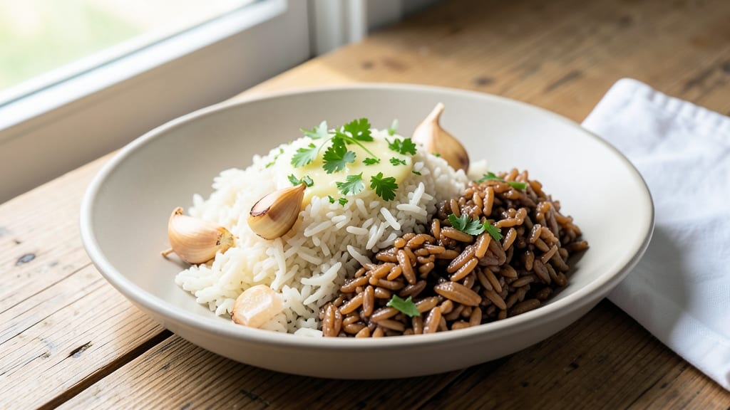 Brown and White Rice Recipe: Two-Tone Texture With Garlic Butter Finish