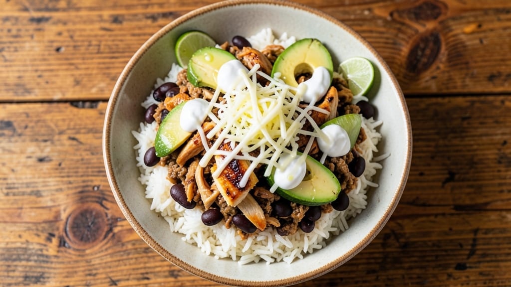 California Burrito Rice Bowl Recipe: Crunchy Toppings and Creamy Cheese Magic