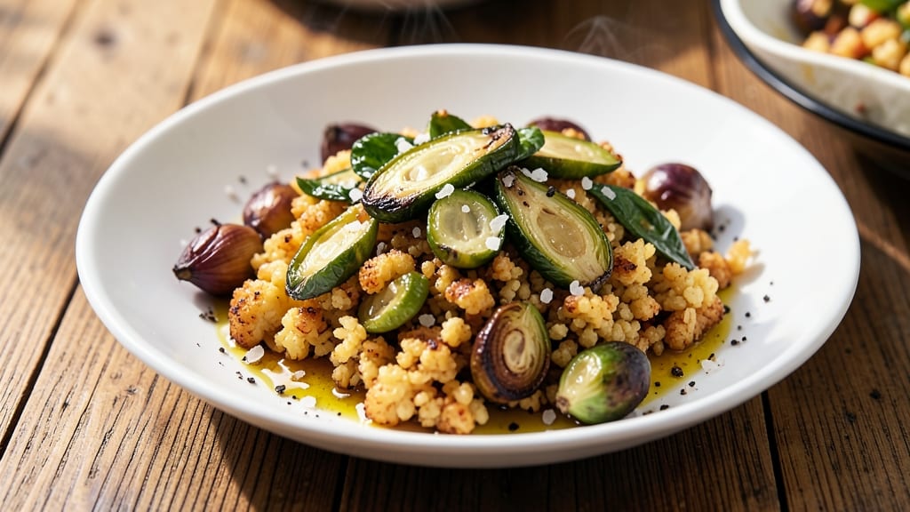 Cauliflower Rice and Brussels Sprouts Recipe: Crispy Roasted with Nutty Garlic Kick