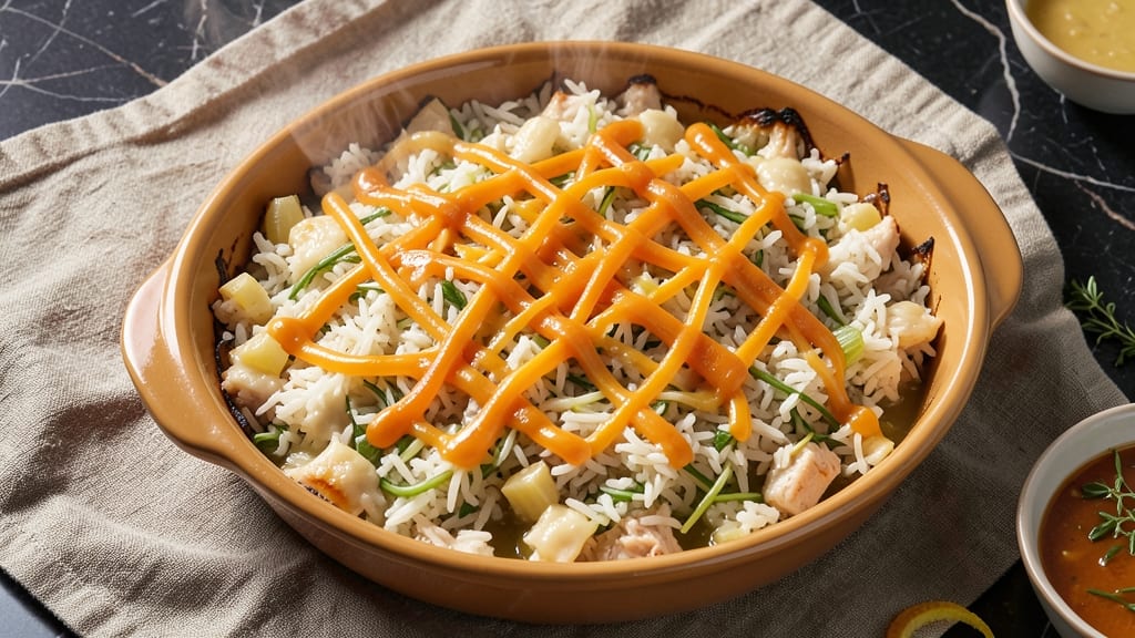 Cheese and Rice Casserole Recipe: Crispy Celery Crown Over Melty Cheese Layers